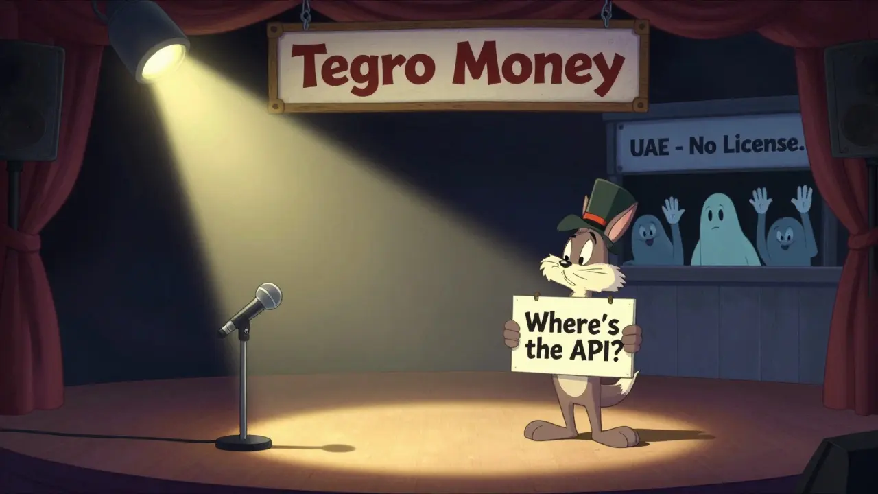 An empty stage labeled 'Tegro Money' with no users or support, under a spotlight.