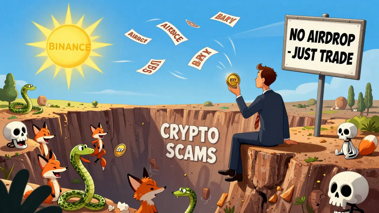 An investor stares into a pit of crypto scams while a real exchange sun shines above.