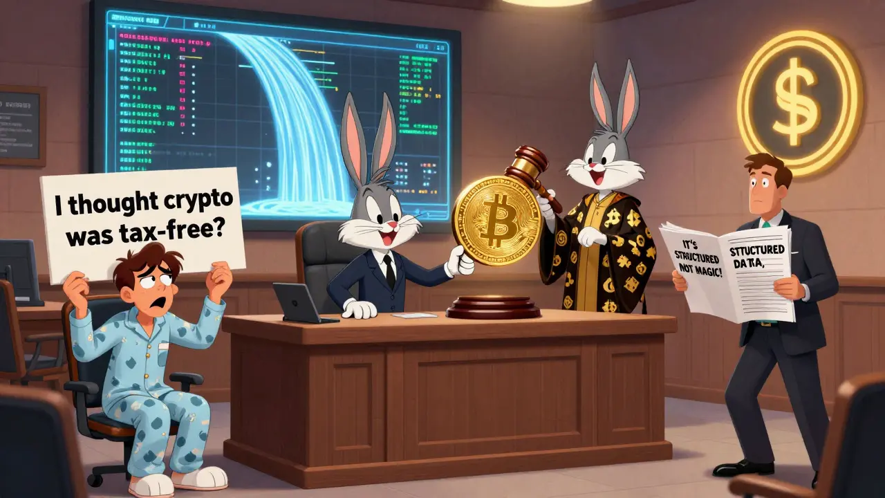 An NFT is on trial for unreported staking income in a courtroom filled with blockchain-themed elements and XML data.