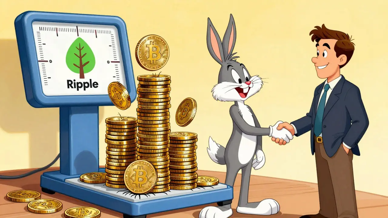 Bitcoin collateral on scale with discount markings and Ripple partnership.