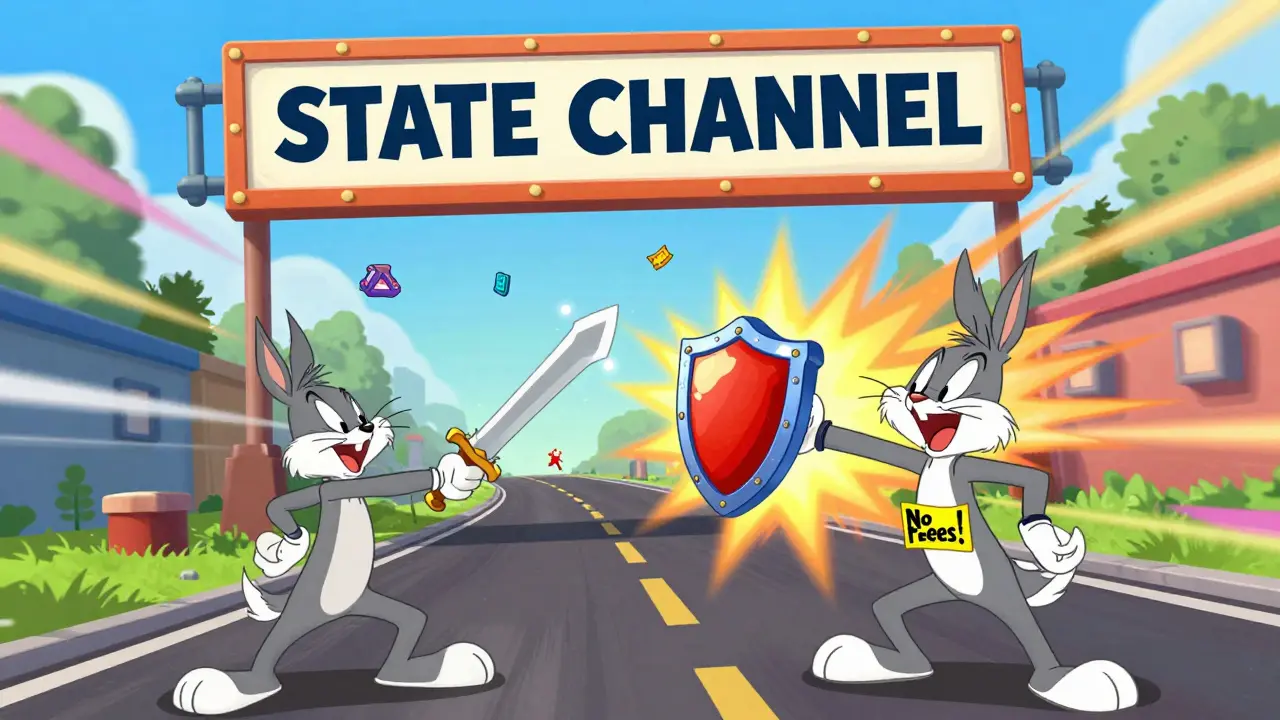 Cartoon gamers rapidly exchanging items with hundreds of off-chain trades zipping past while blockchain stays quiet.