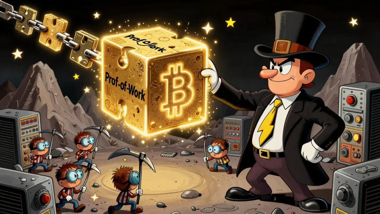 Cartoon inventor placing the first Bitcoin block into a glowing cryptographic chain with miners around