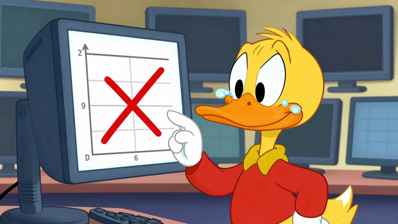 Duck looking at flat stock chart with zero volume symbol