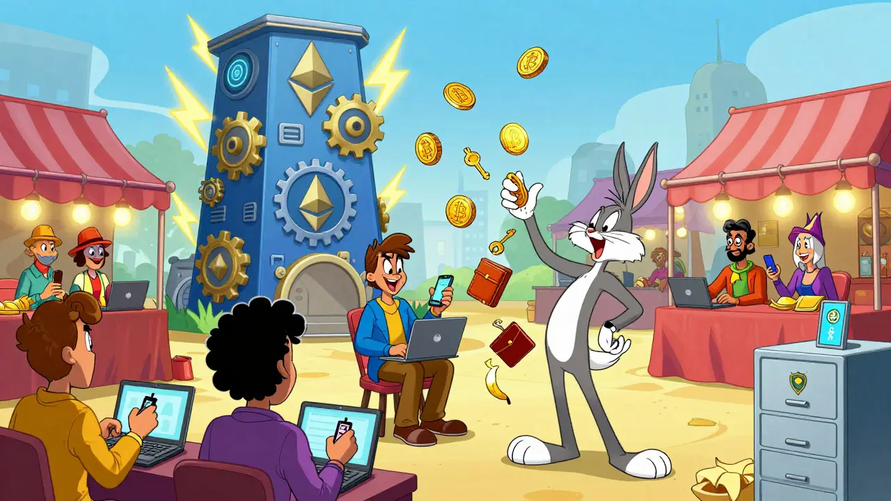 Global marketplace with flying Bitcoin coins, Ethereum tower, and a user slipping on a private key banana peel