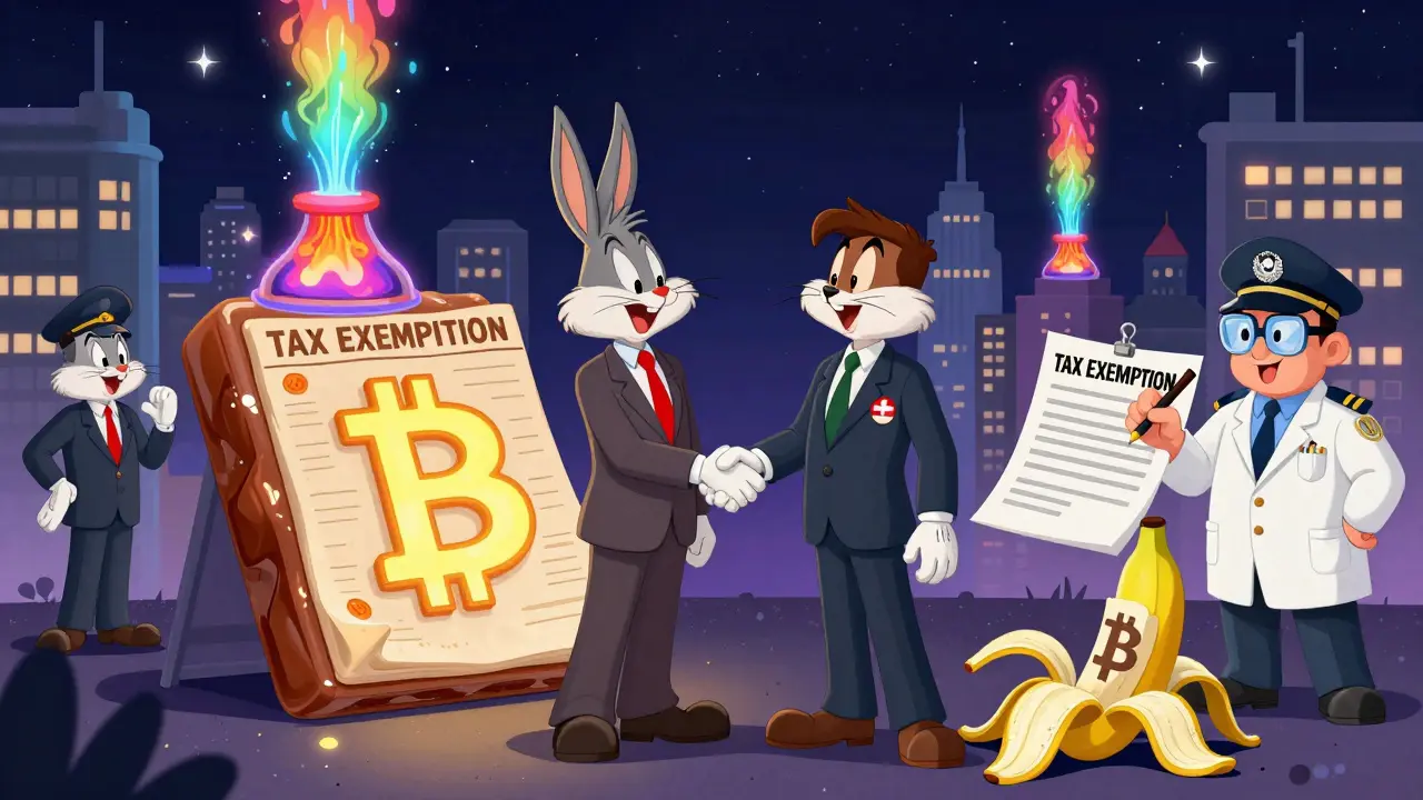 International investors shaking hands over a candy-bar Bitcoin ledger in Bitcoin City, with a CNAD officer stamping a 'TAX EXEMPTION' document.