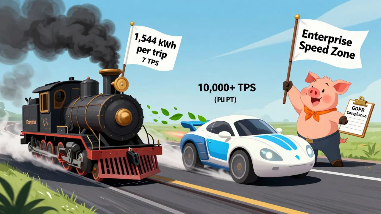 Race between slow blockchain train and fast DLT jetpack car with energy and speed labels.