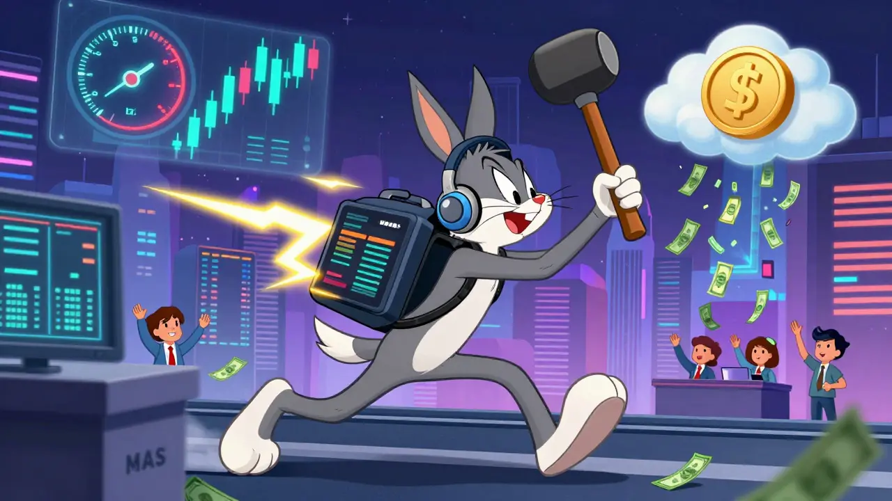 Singapore trader with jetpack earbuds racing through neon charts, MAS sandbox above, Looney Tunes style