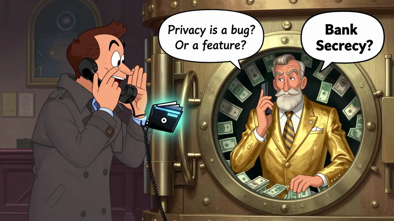 Split scene showing a journalist using privacy coins vs. a banker hiding cash, both under a judge's question.