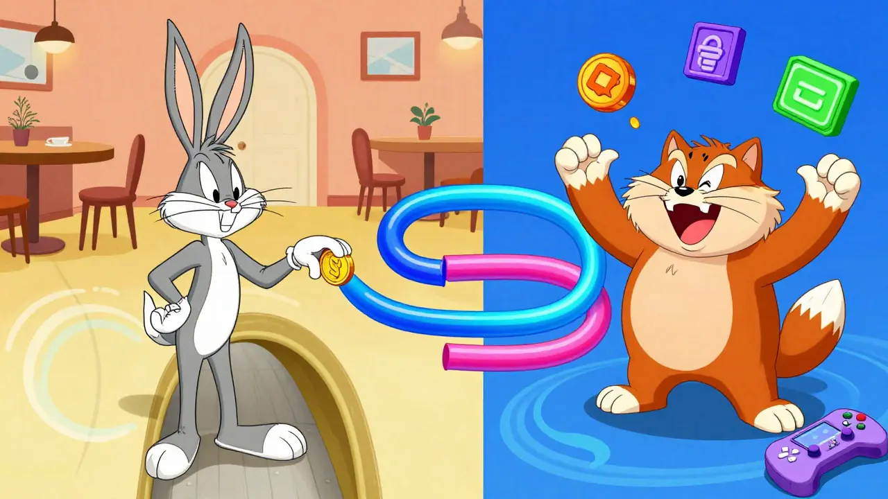 Split-screen comparison: money transfers vs. data transactions in blockchain channels.