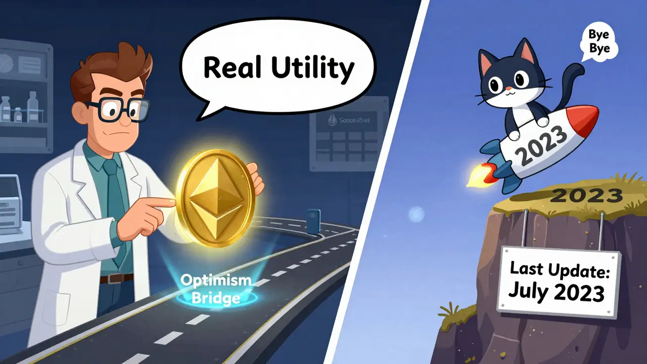 Split-screen: Ethereum's Optimism bridge glows with progress, while Solana's MOONCAT tumbles into oblivion.