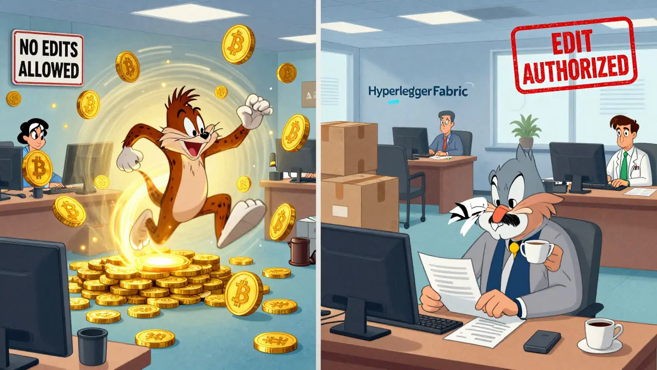 Split-screen office: chaotic blockchain vs calm enterprise DLT environment with editing and access controls.