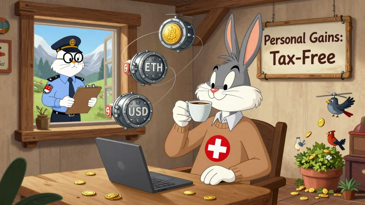 Swiss trader in chalet with orbiting crypto bank vaults and tax-free sign, Looney Tunes style