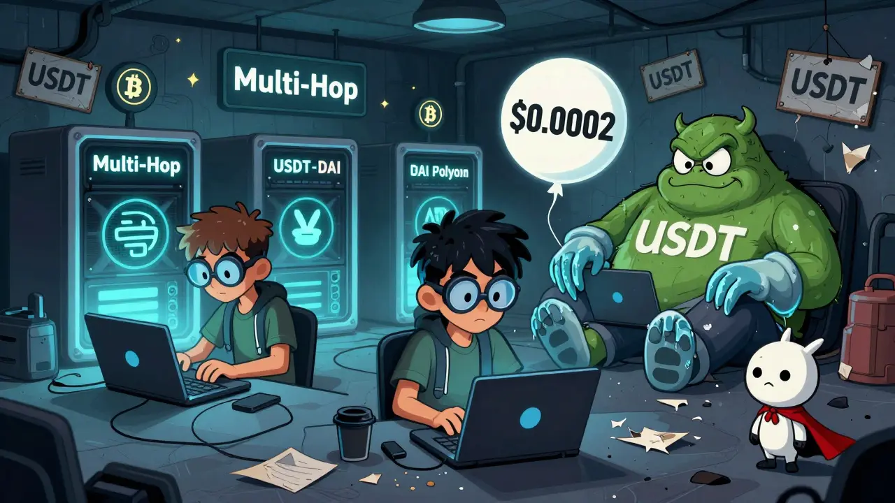 Teens in a basement swap USDT for DAI on Polygon while a frozen Tether monster lies defeated.