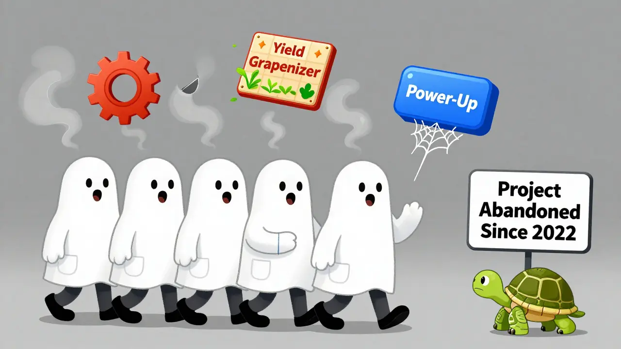 Vanishing developers leaving behind abandoned crypto features in cartoon style.