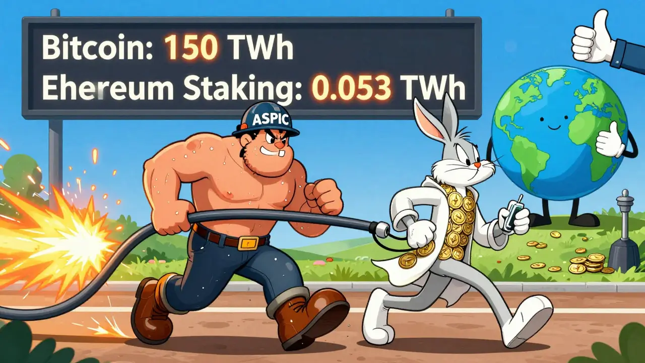 A cartoon race between a sweaty miner and a calm validator, with energy usage numbers on a scoreboard, illustrating staking's low power use.