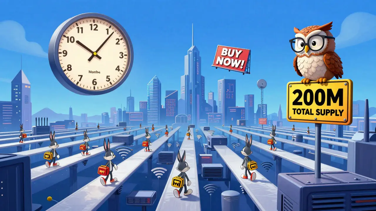 A city built of routers with people walking on Wi-Fi beams, a clock counting down 36 months, and an owl beside the total WNT supply.