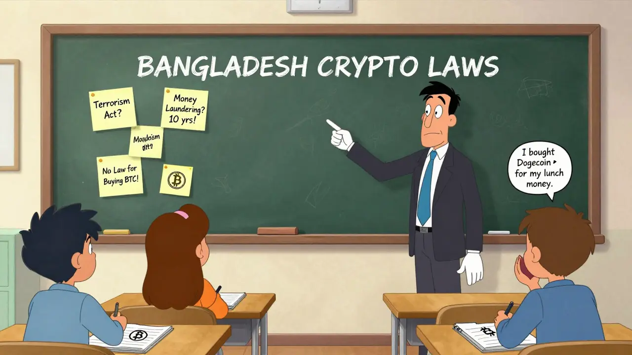 A classroom chalkboard shows messy legal notes about crypto laws while students quietly trade Bitcoin on their notebooks.