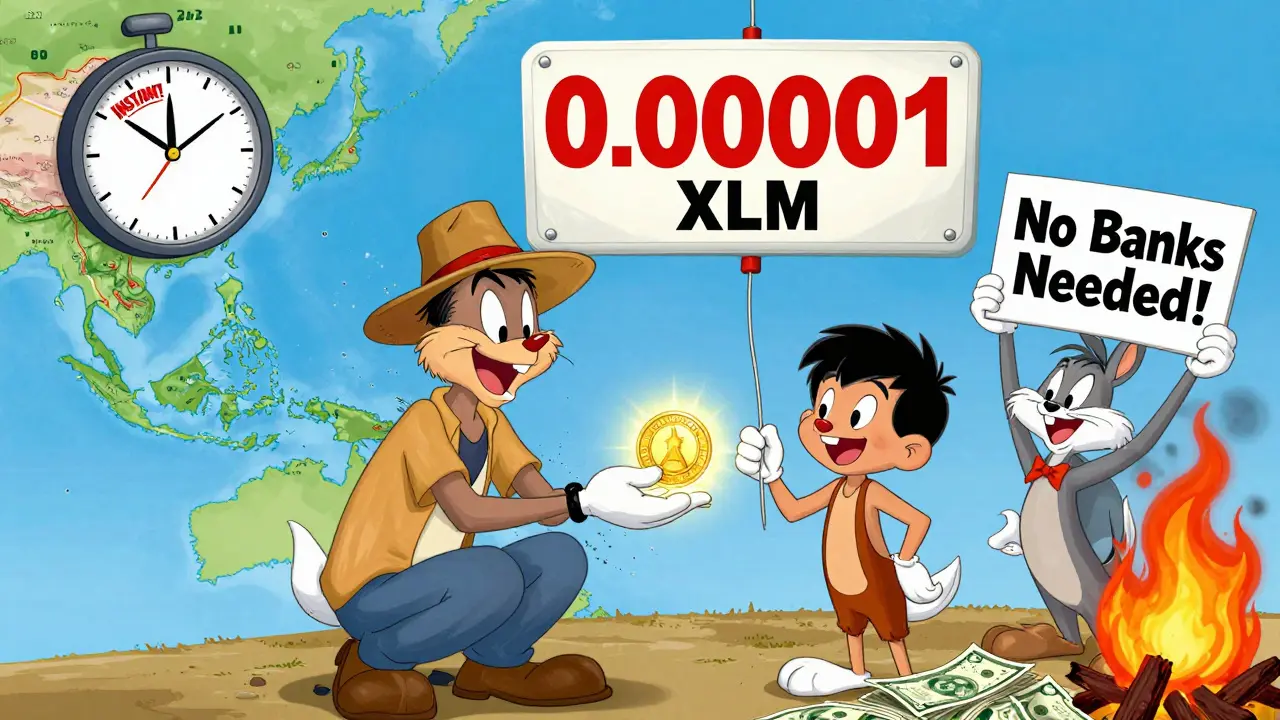 A farmer in Kenya sends Stellar coins to a child in the Philippines with a '0.00001 XLM' sign floating above.