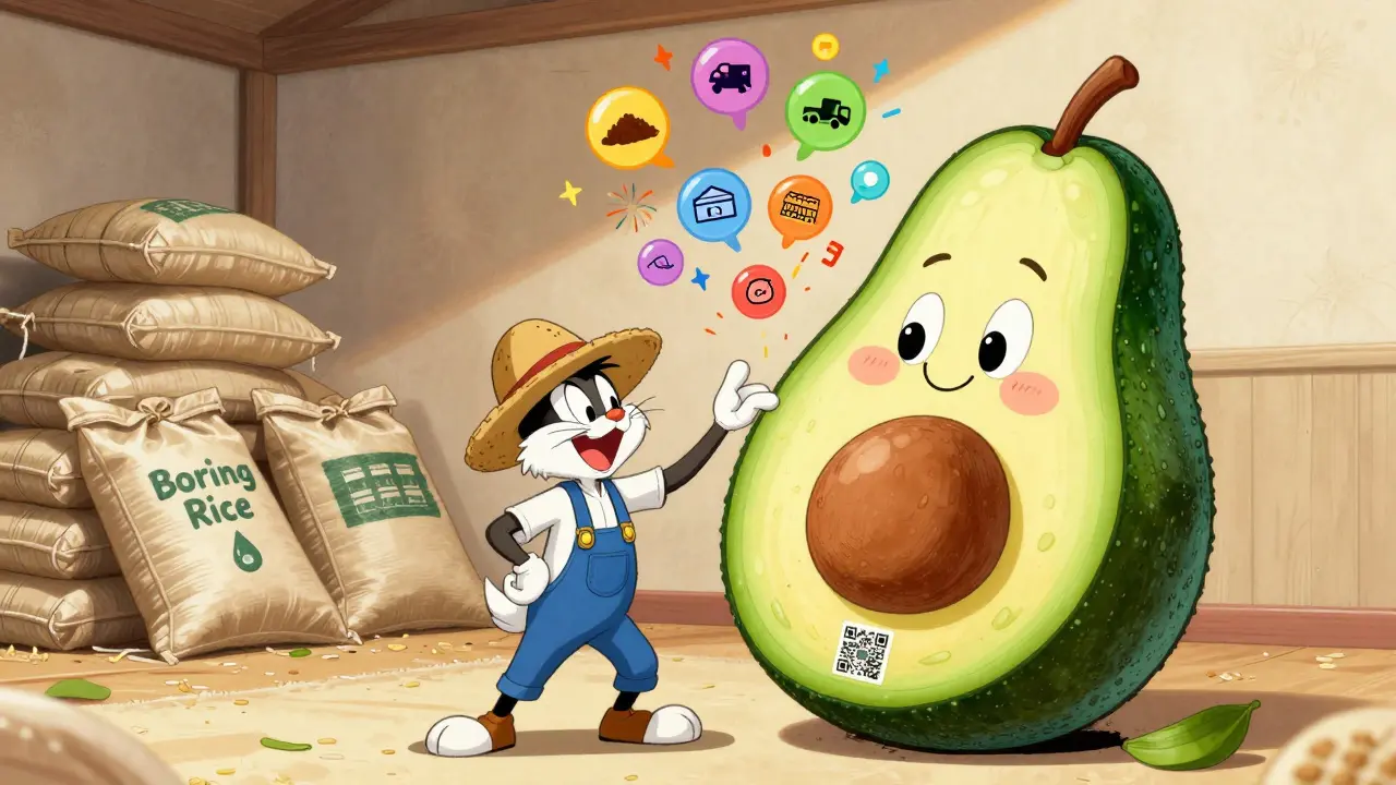 A farmer scanning a smiling avocado with NFT tokens bursting out, while generic rice sacks look bored in the background.