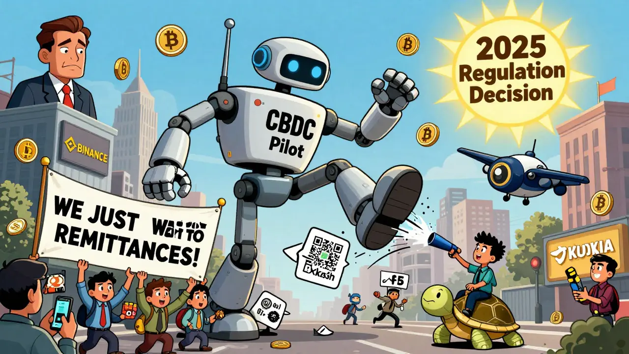 A giant CBDC robot tries to crush crypto apps while traders fight back with bKash slingshots and USDT turtles in a Dhaka street scene.