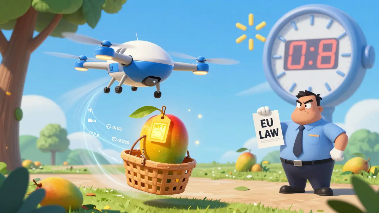 A glowing NFT mango being delivered by a drone, with data trails showing its journey, as a regulator frowns nearby.