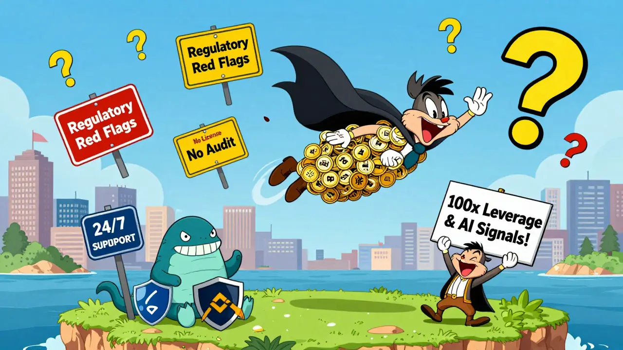 A heroic trader flying over a European city while dodging regulatory warning signs, with Kraken and Binance safe on an island.