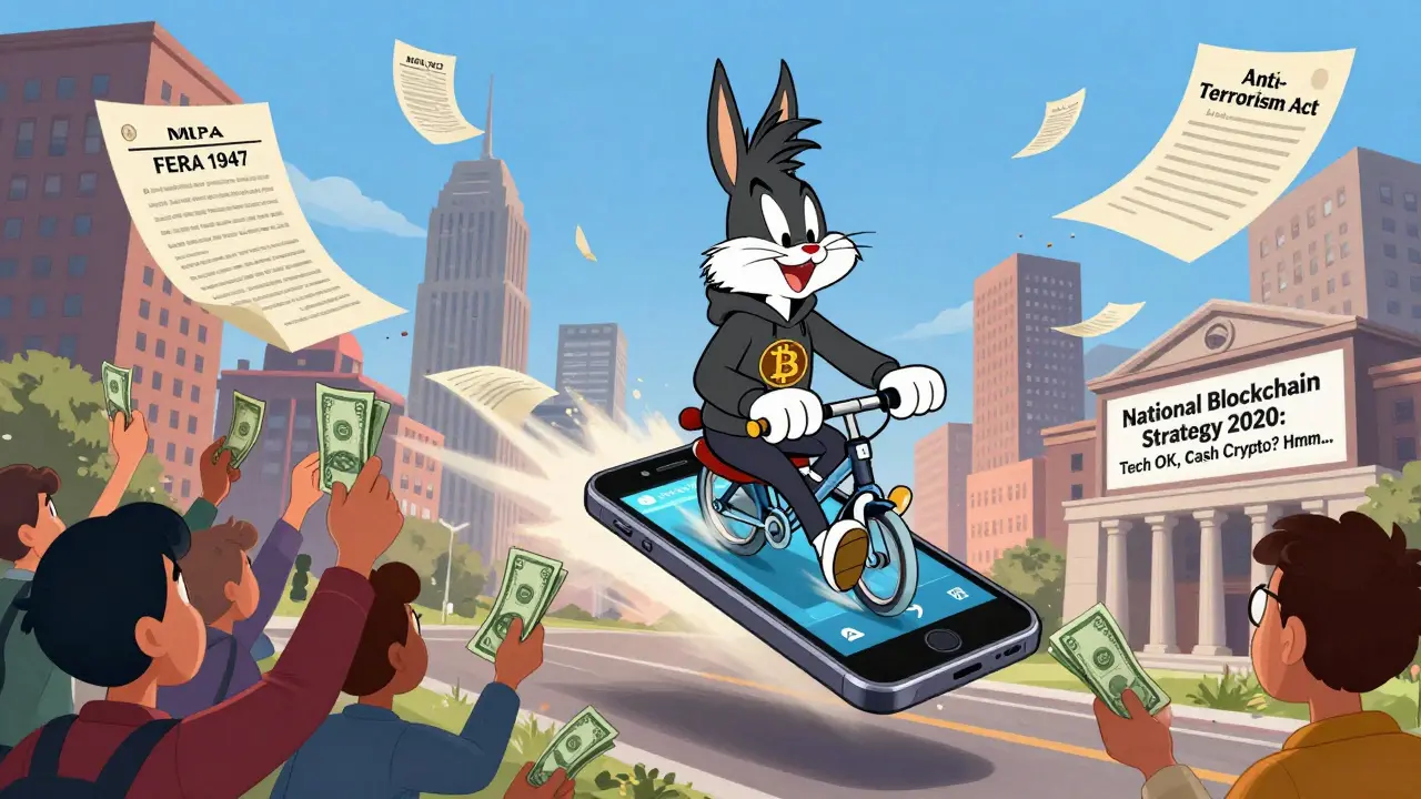 A hoodie-wearing hero flies on a smartphone past crumbling legal documents as people trade crypto below in a vibrant city.