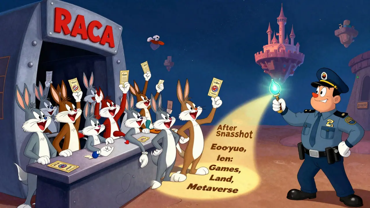 A line of Metamon NFTs waits at a portal counter as some are rejected, one holds a glowing Potion.