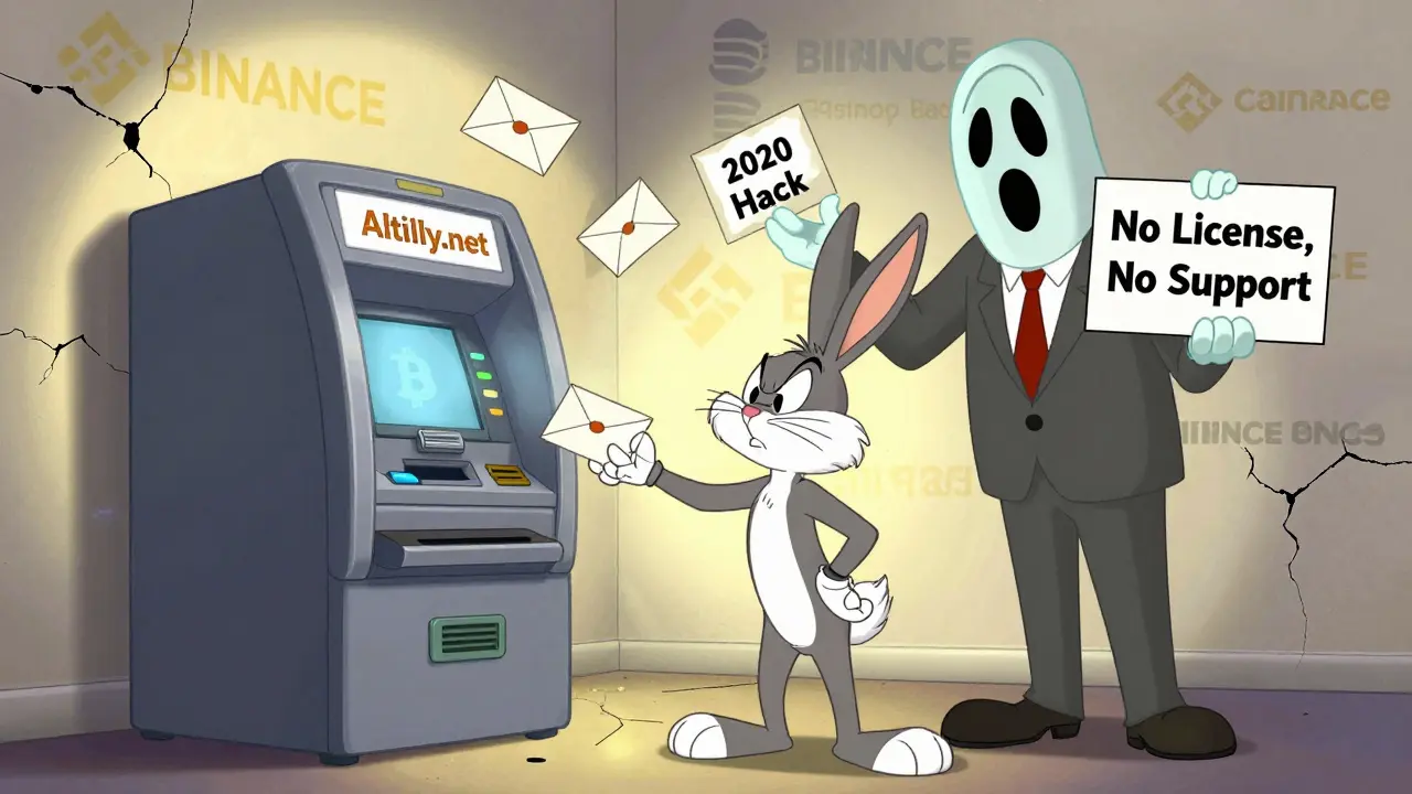 A nervous rabbit at a broken Altilly ATM spitting empty envelopes, haunted by a ghost labeled '2020 Hack' in cartoon style.