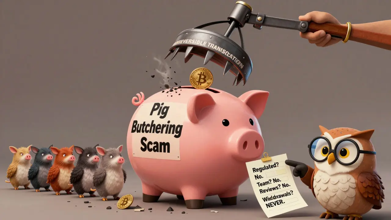 A piggy bank labeled 'Pig Butchering Scam' is crushed by a claw as animals feed it Bitcoin, with a wise owl pointing to red flags.