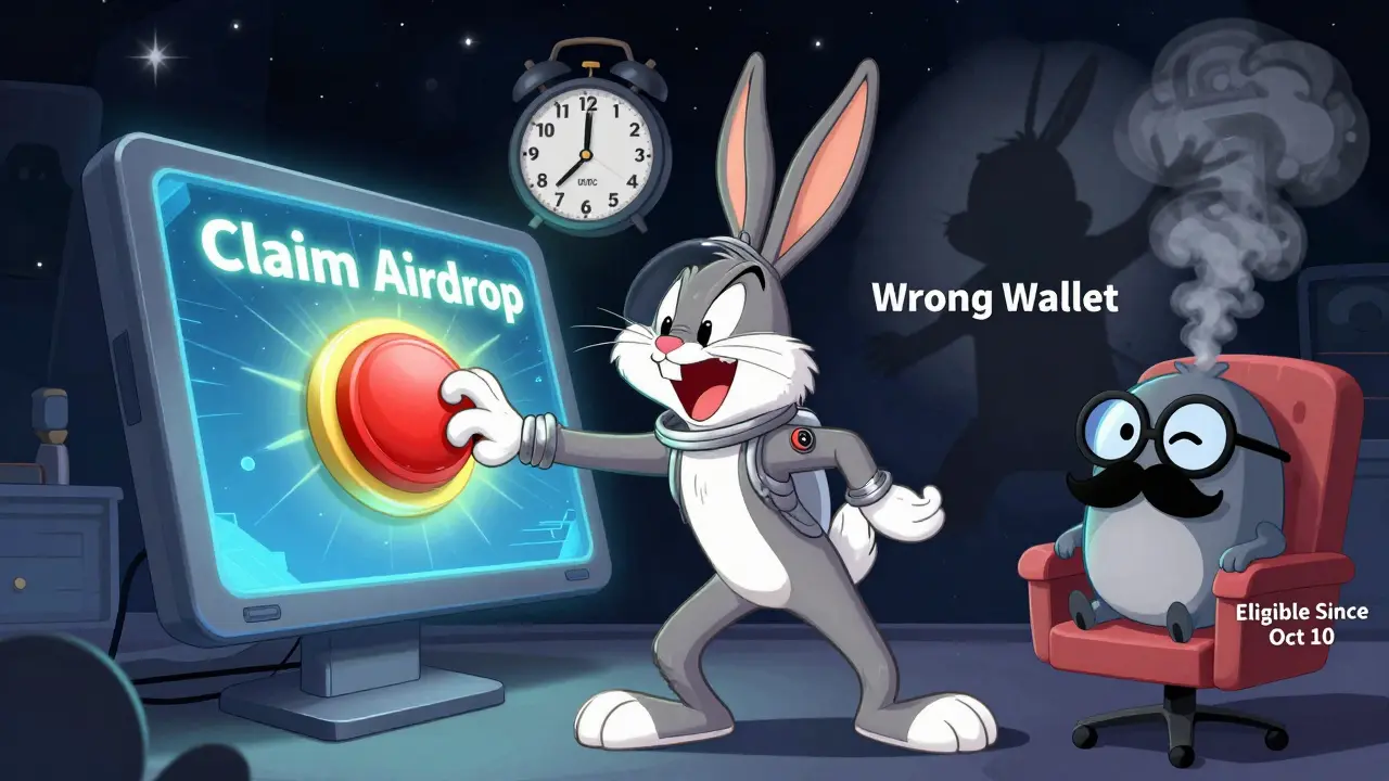 A rabbit clicks a giant 'Claim Airdrop' button while a clock ticks toward the snapshot deadline.