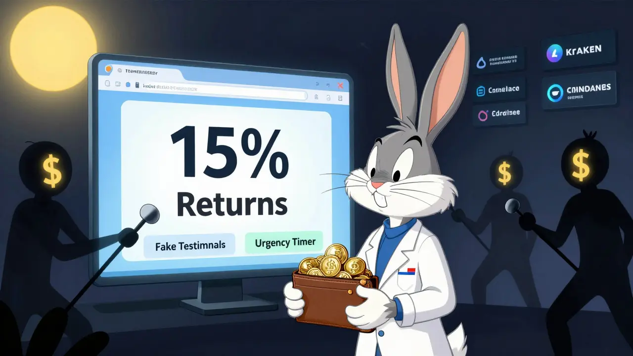 A rabbit faces a fake crypto website with glowing false returns, while shadowy figures manipulate scam controls.