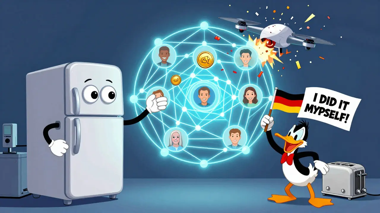 A smart fridge sending an IOTA coin to a drone, with a glowing Tangle network in the background.