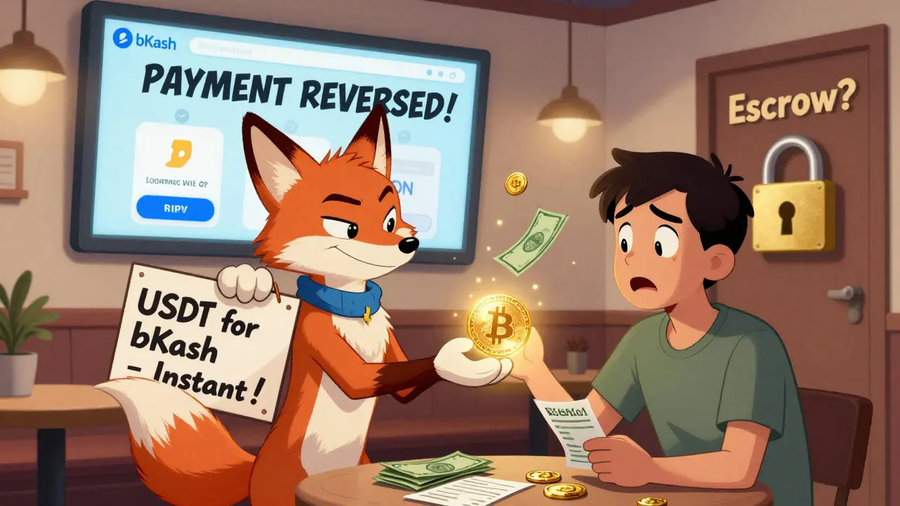 A sneaky fox crypto agent hands Bitcoin to a customer in a café as a bKash app flashes 'PAYMENT REVERSED!' in the background.