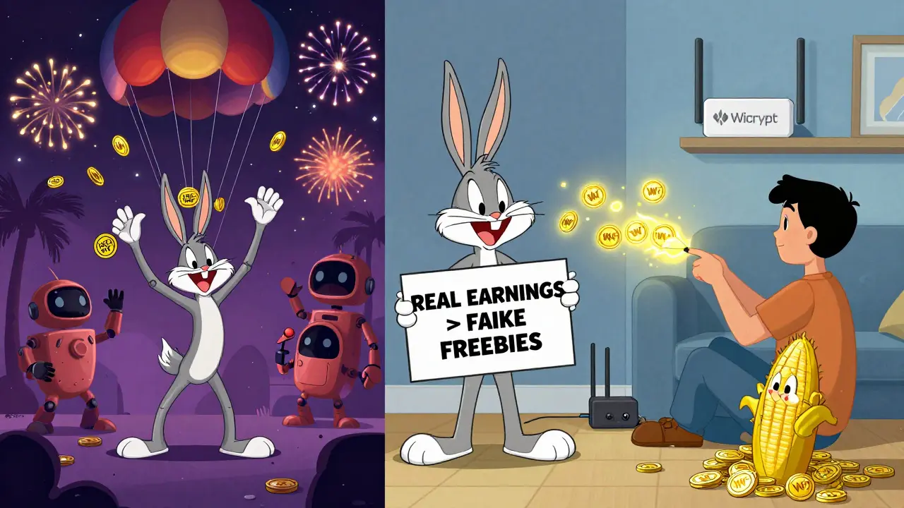 A split scene: chaotic fake airdrop party vs. calm hotspot setup, with Bugs Bunny holding a 'Real Earnings' sign.