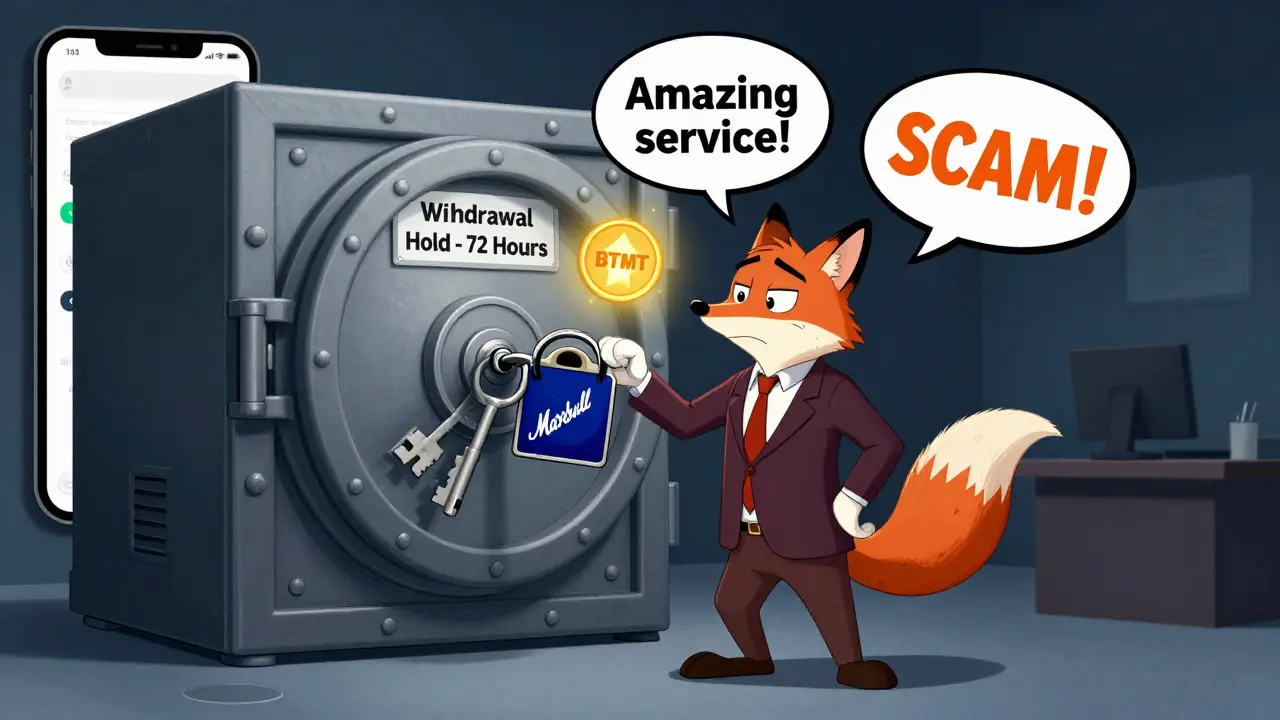A trader frozen before a locked vault with a sneaky fox, holding a BTMT token and conflicting reviews floating around.