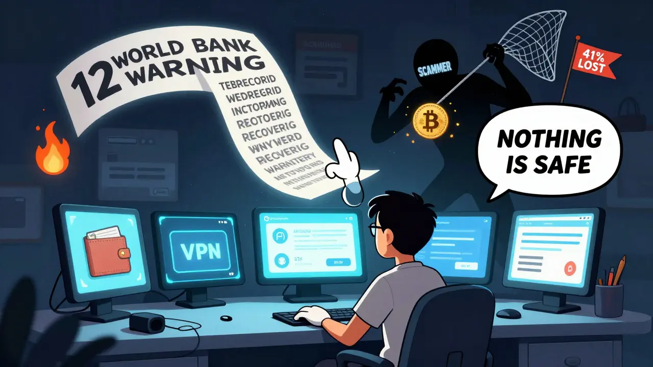 A user manages multiple crypto tools while a scammer tries to steal Bitcoin, with a warning about wallet recovery.