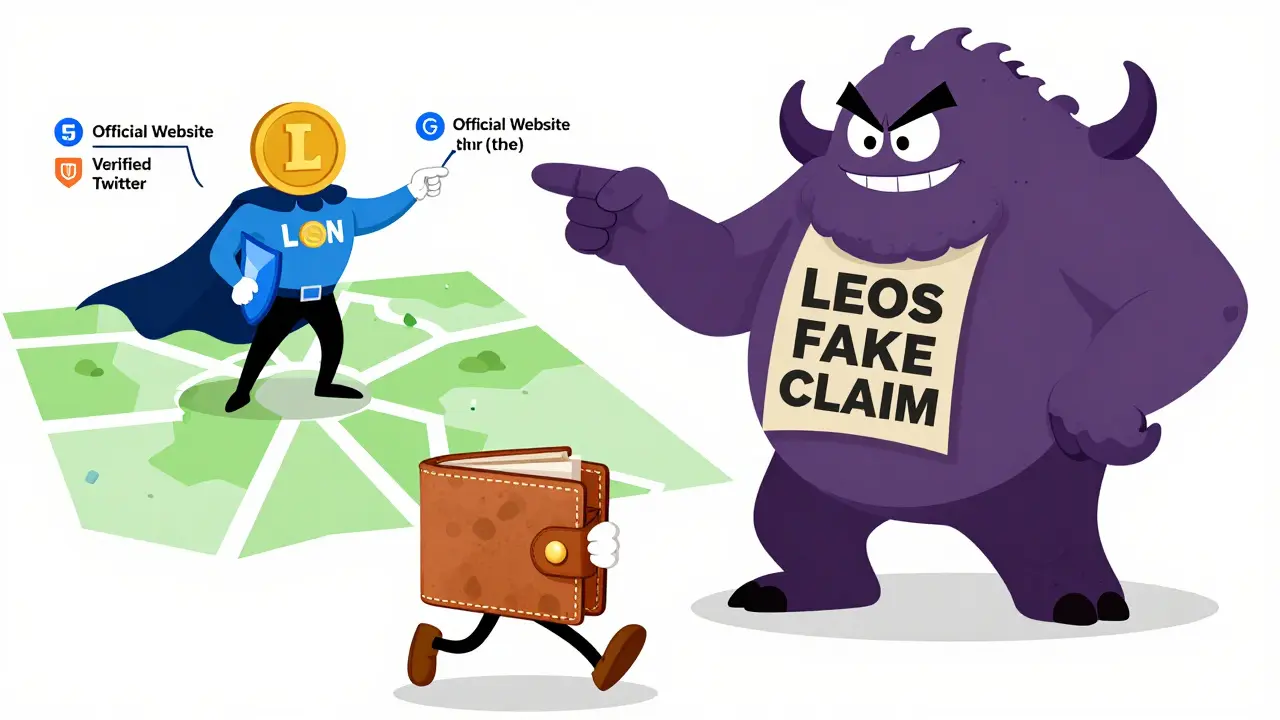 A wallet runs from a tentacled scam monster as a heroic LEON token guides the way on a blockchain map in Looney Tunes style.