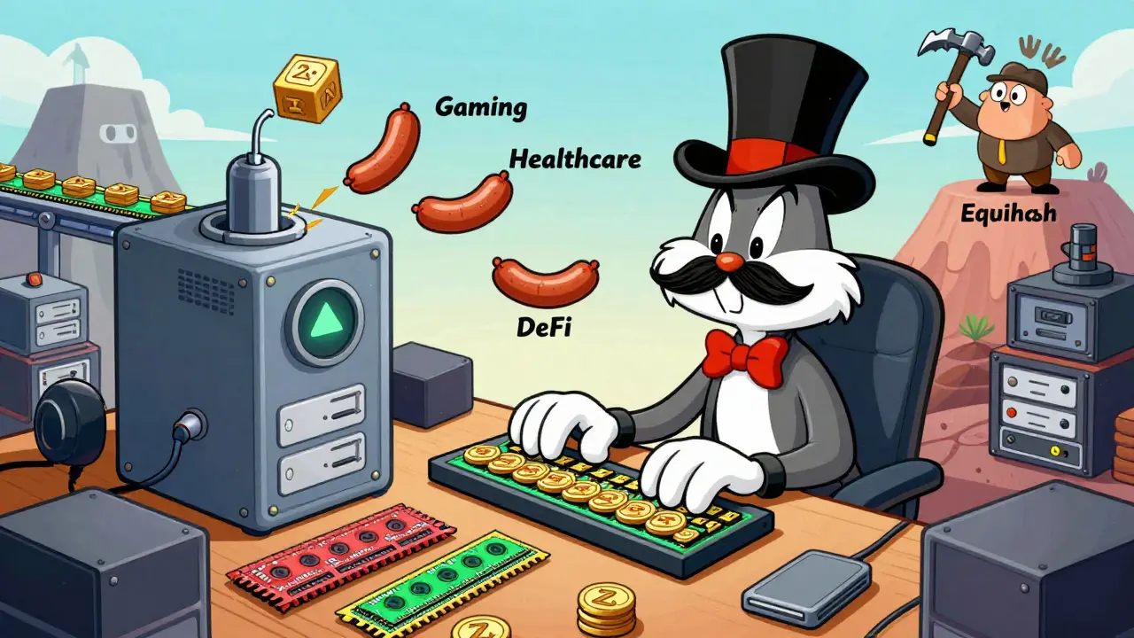 A whimsical Super Node machine with a top hat running sidechains from a desk filled with hardware.