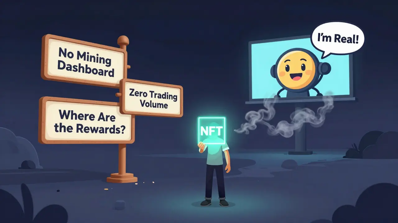 A winner holds a glowing NFT in an empty digital world with signs listing missing features.