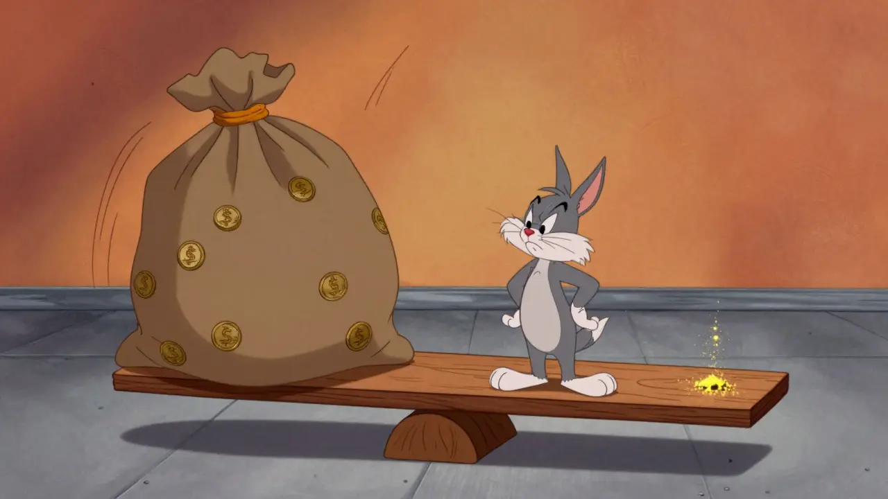 Animated animal balancing heavy coin sack against a tiny gold speck.