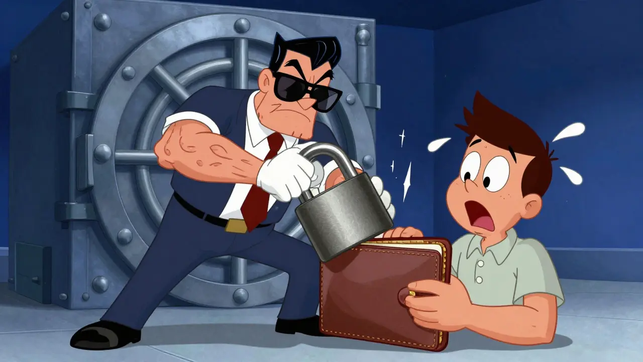 Animated banker locking a citizen's wallet with a giant padlock and stern look