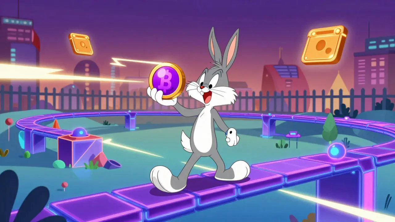 Animated character crossing a neon bridge holding a digital coin token.