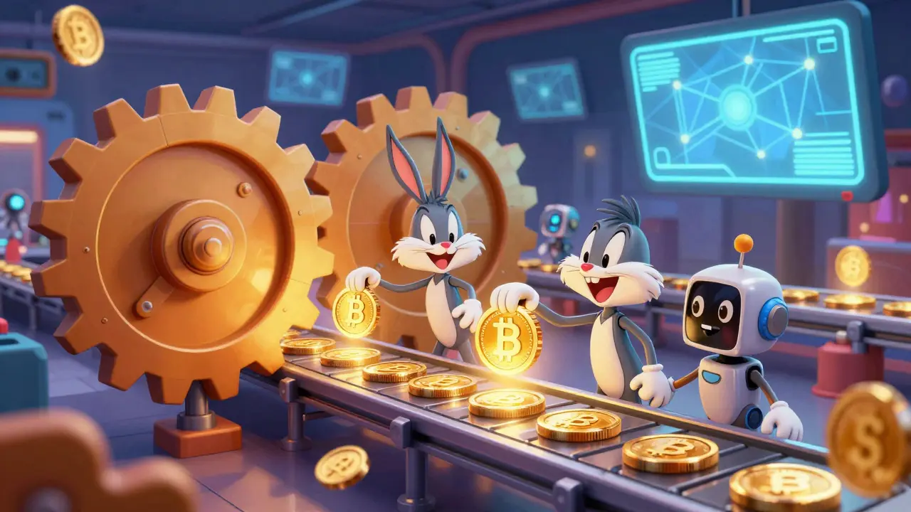 Animated robots running a whimsical digital mining factory line.