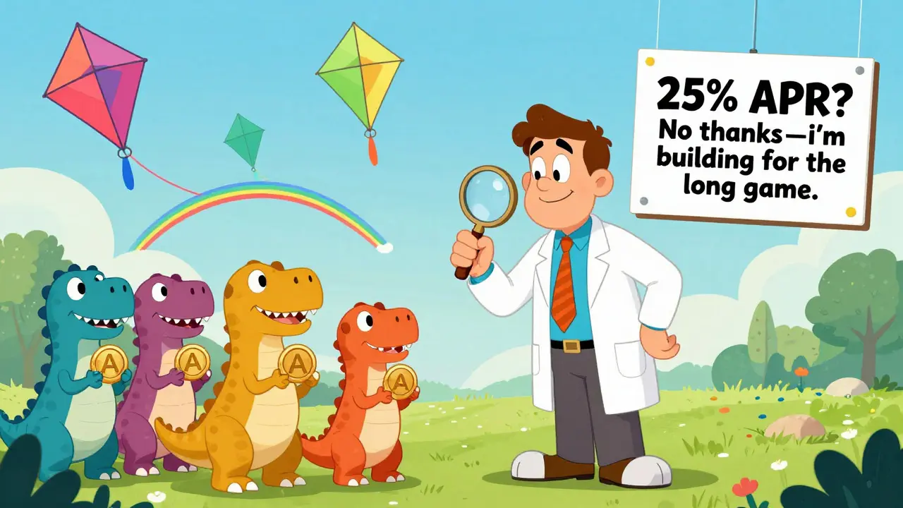 Cardano professor explaining blockchain science to dinosaurs while Polkadot kites float above in cartoon style.