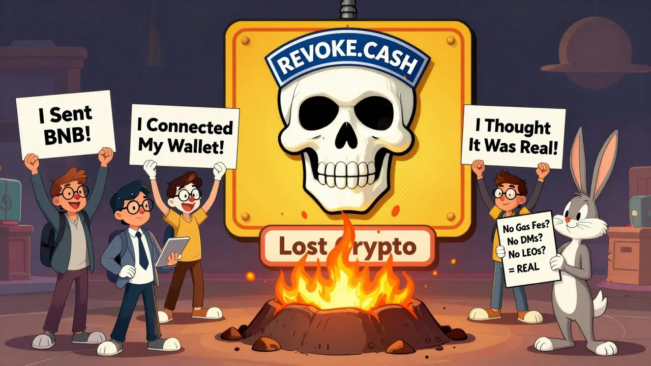 Cartoon crypto users hold regretful signs as a warning shield blocks a pit of lost crypto, with a rabbit holding a real airdrop checklist in Looney Tunes style.