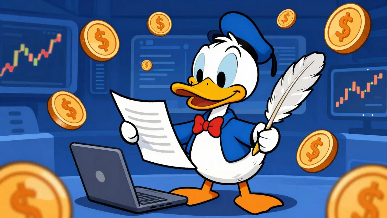 Cartoon duck surrounded by floating coins and stock chart icons.