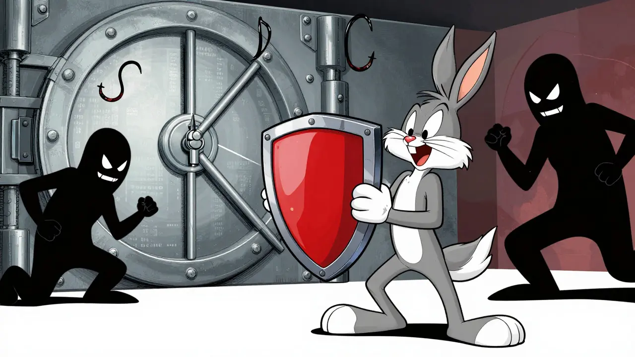 Cartoon hero blocking phishing hooks to protect a secure vault.