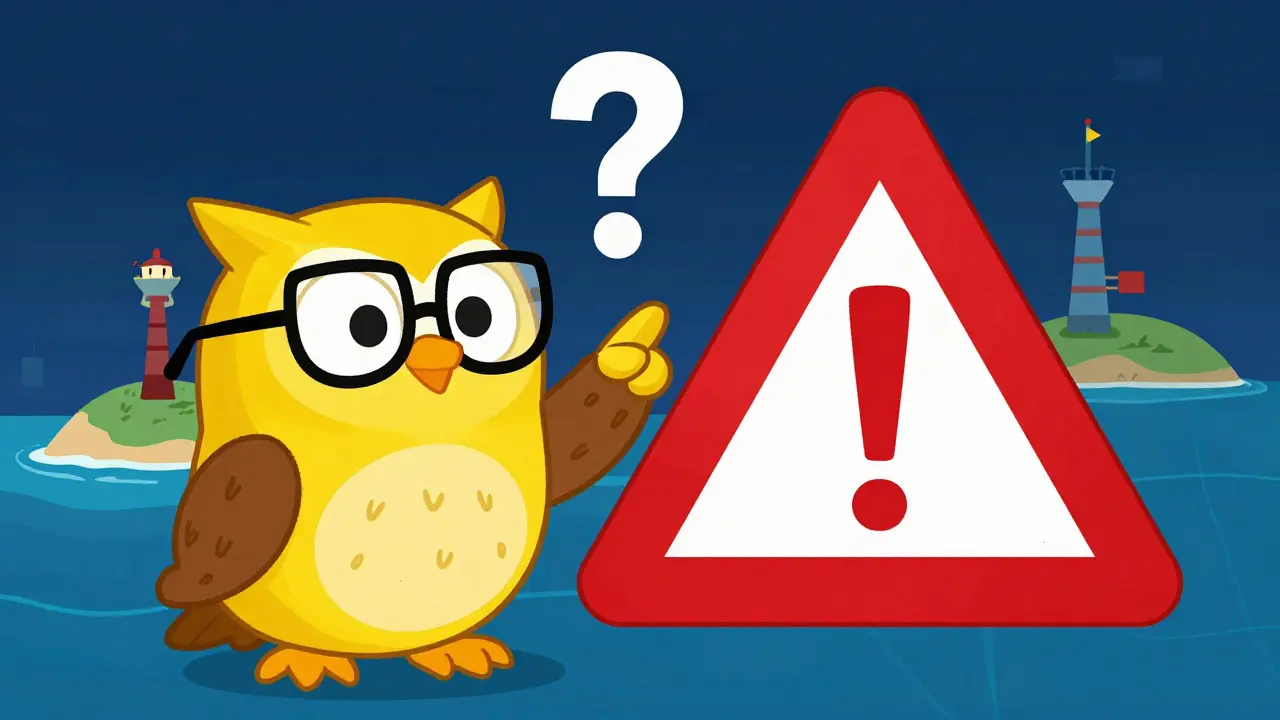 Cartoon owl pointing at a red warning symbol near an island map.