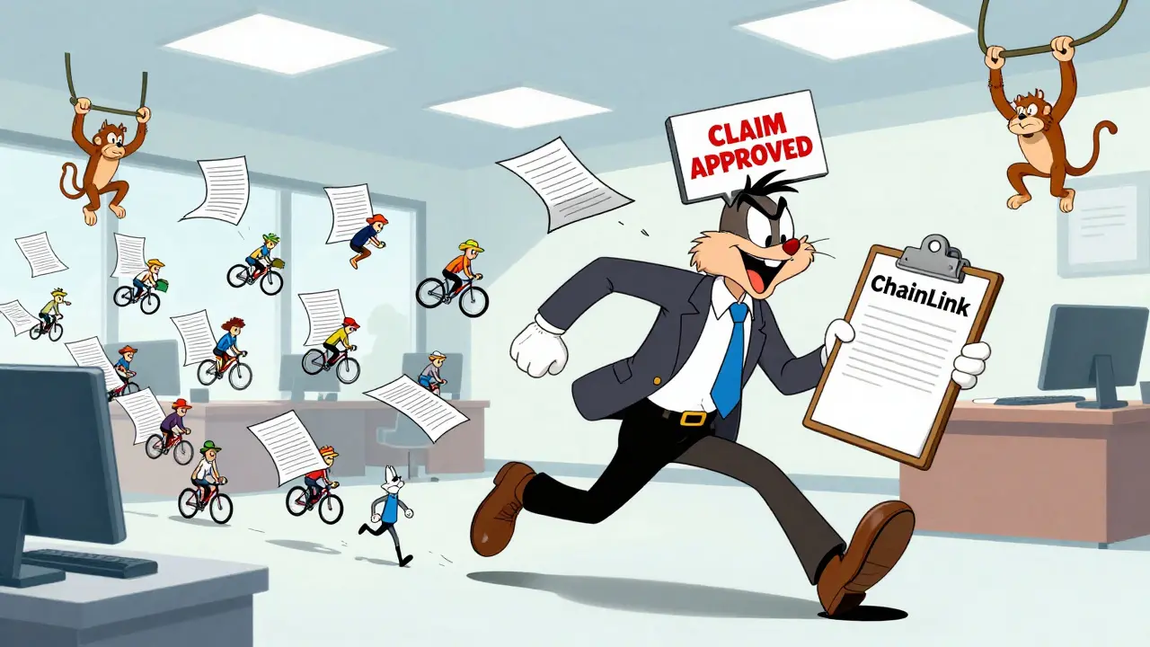 Cartoon smart contracts outpace a confused insurance adjuster, delivering payouts to people while oracles swing overhead.